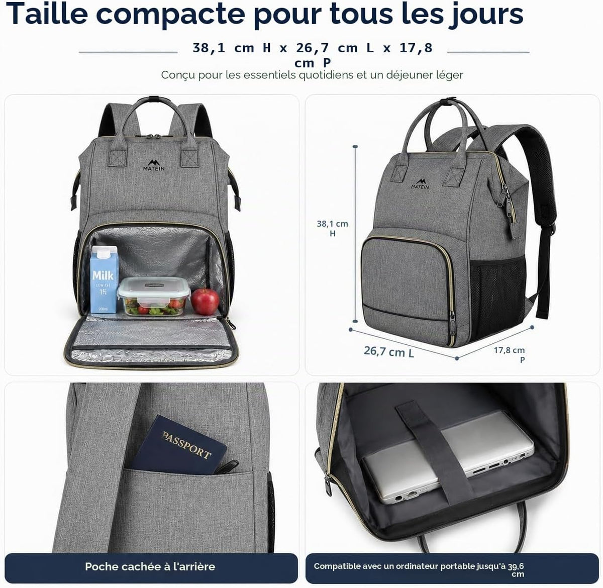 Sac a Dos Isotherme Repas Déjeuner Femme,Pour Ordinateur 15,6 Pouces